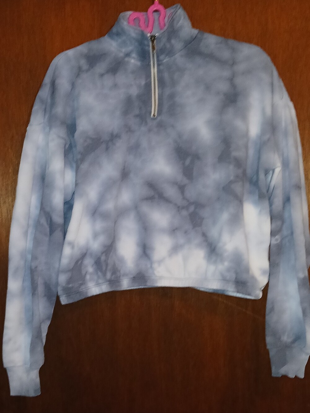 American Eagle Blue-Grey & White Tie-Dye Quarter Zip Cropped Sweatshirt
